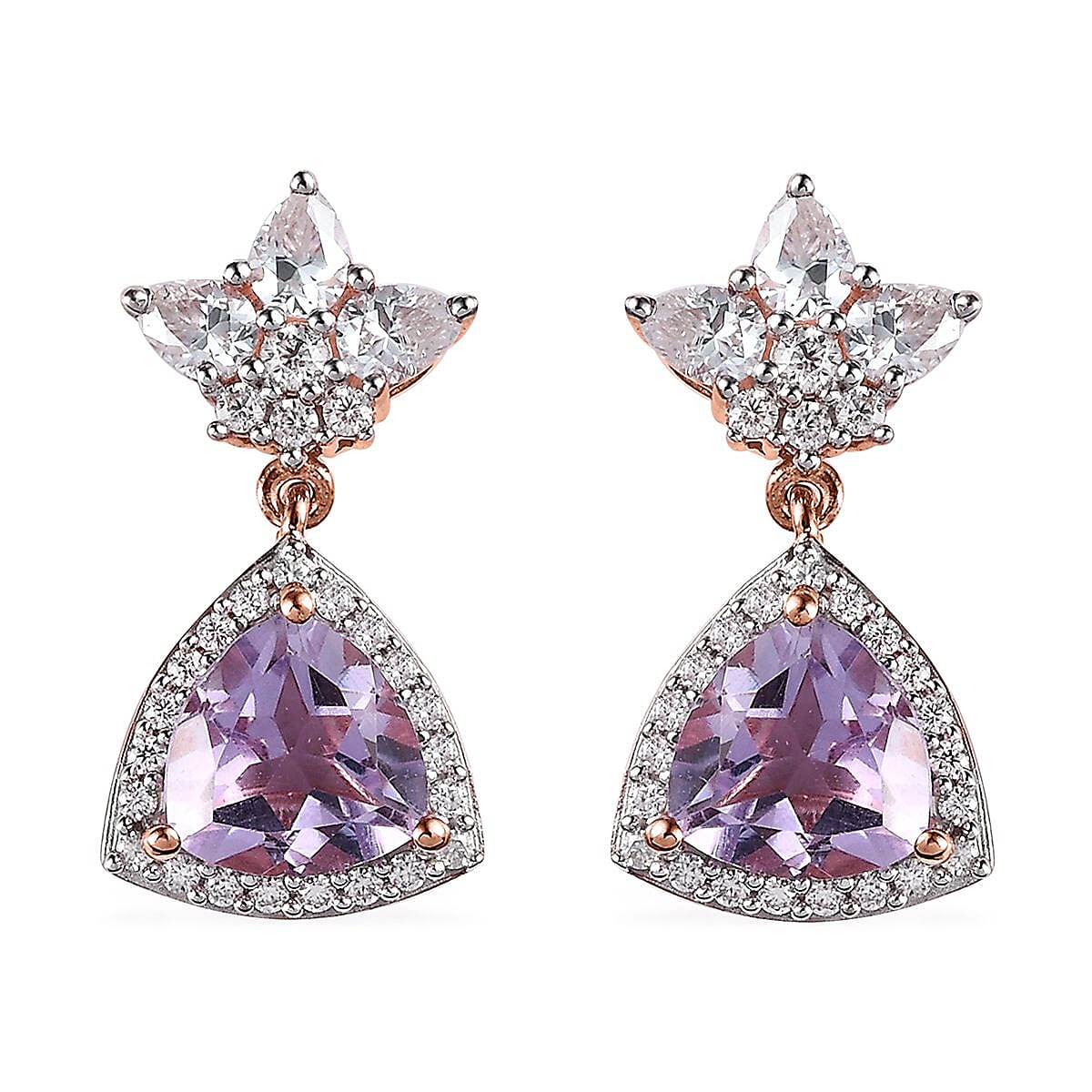 Rose De France Amethyst and Moissanite Floral Statement Drop Earrings in Vermeil Rose Gold Over Sterling Silver 4.75 ctw