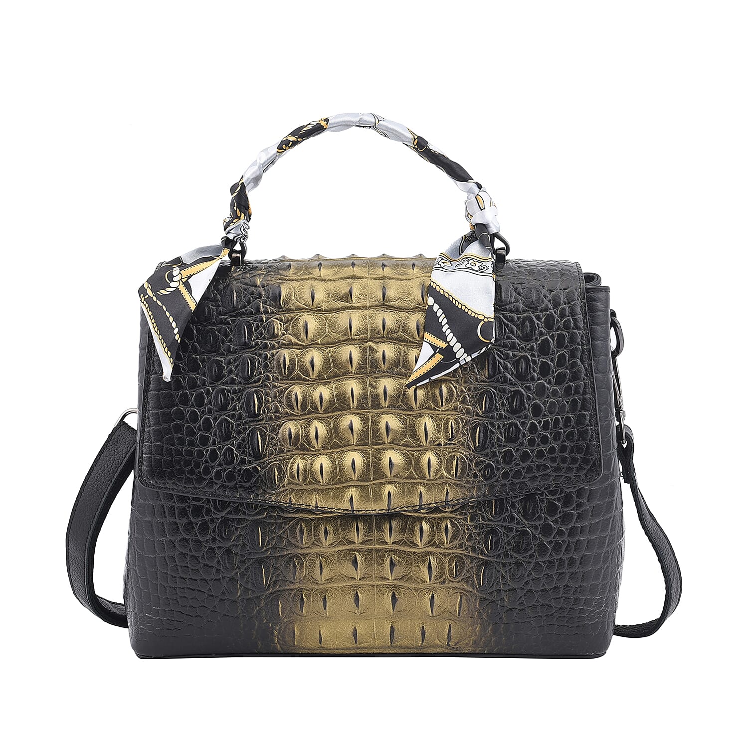 Black with Golden Crocodile Embossed Pattern Genuine Leather Tote Bag (11"x5"x9") with 52" Shoulder Strap