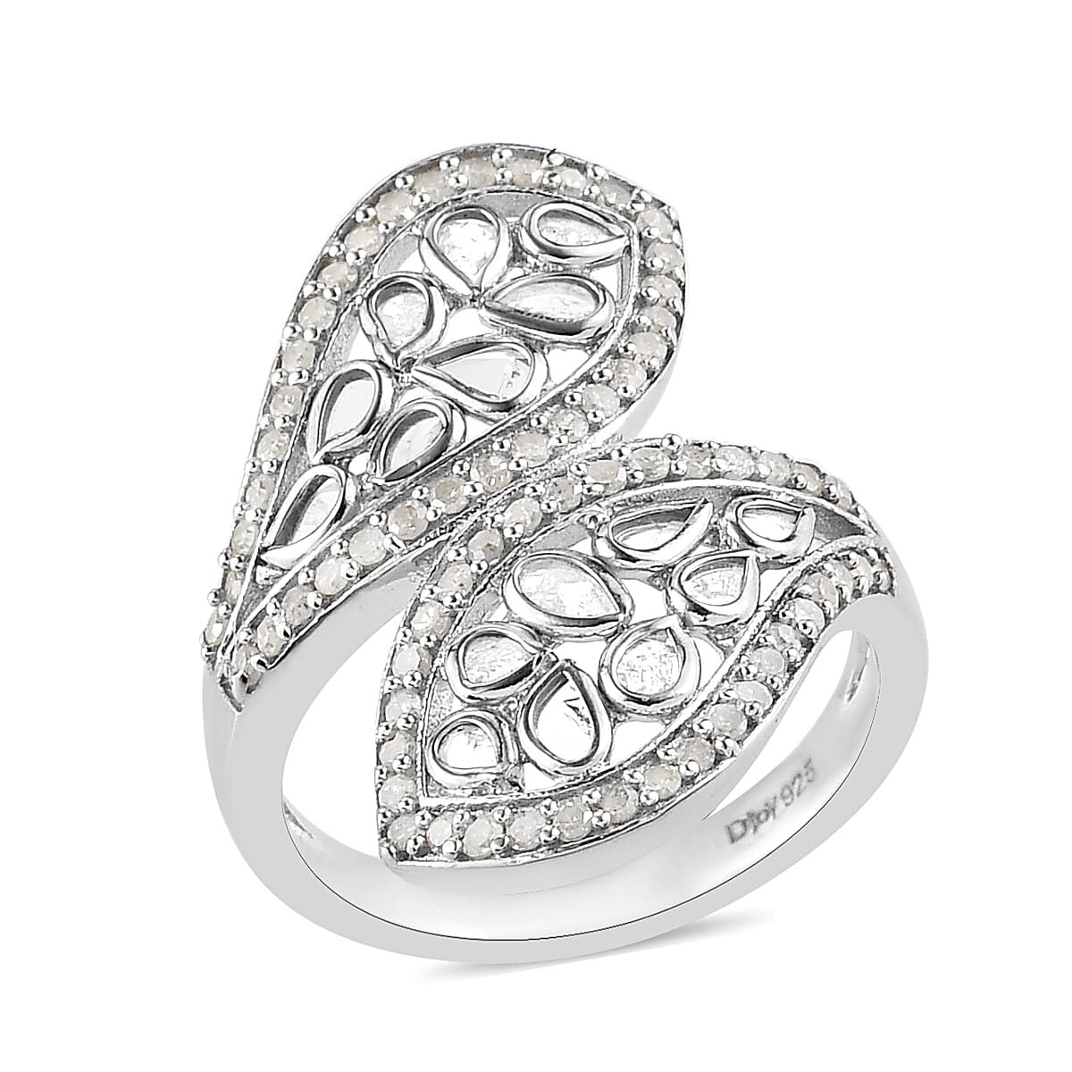 Polki Diamond and Natural Champagne Diamond Bypass Ring in Rhodium and Platinum Over Sterling Silver 1.50 ctw