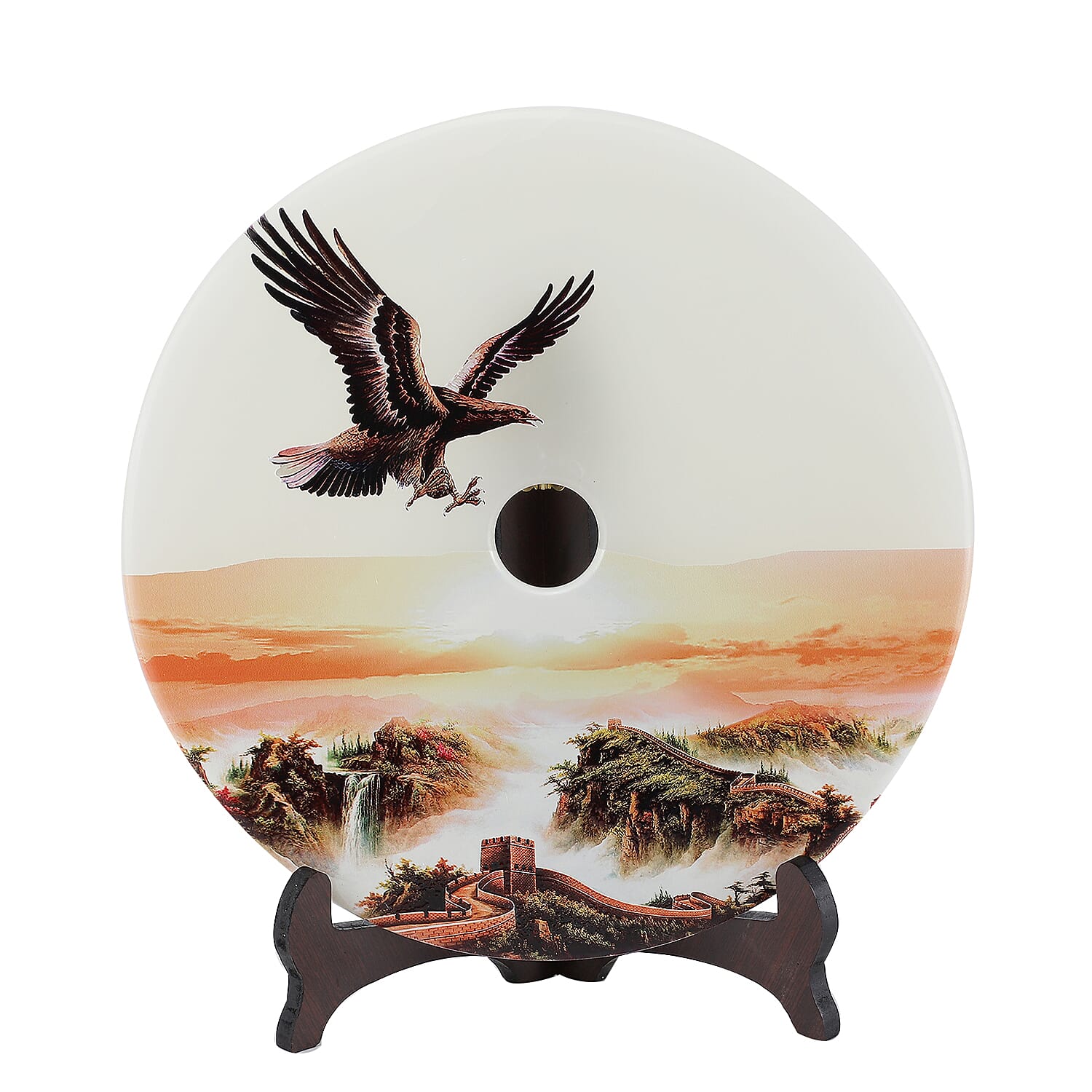 Eagle Painted Round Multi Colour Jade with Wood Rack (11.8"x11.8"x0.5")
