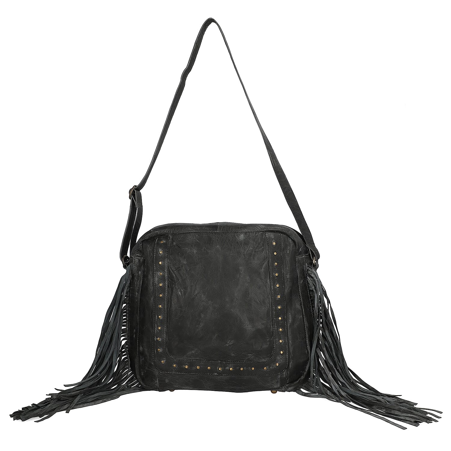 "100% Genuine Leather Shoulder Bag with Fringes SIZE: 13(L)x4(W)x11.5(H) inches COLOR: Black"