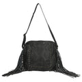 "100% Genuine Leather Shoulder Bag with Fringes SIZE: 13(L)x4(W)x11.5(H) inches COLOR: Black" - Sticky add to cart bar