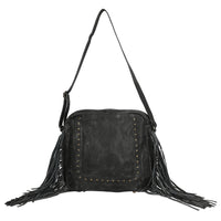 "100% Genuine Leather Shoulder Bag with Fringes SIZE: 13(L)x4(W)x11.5(H) inches COLOR: Black"