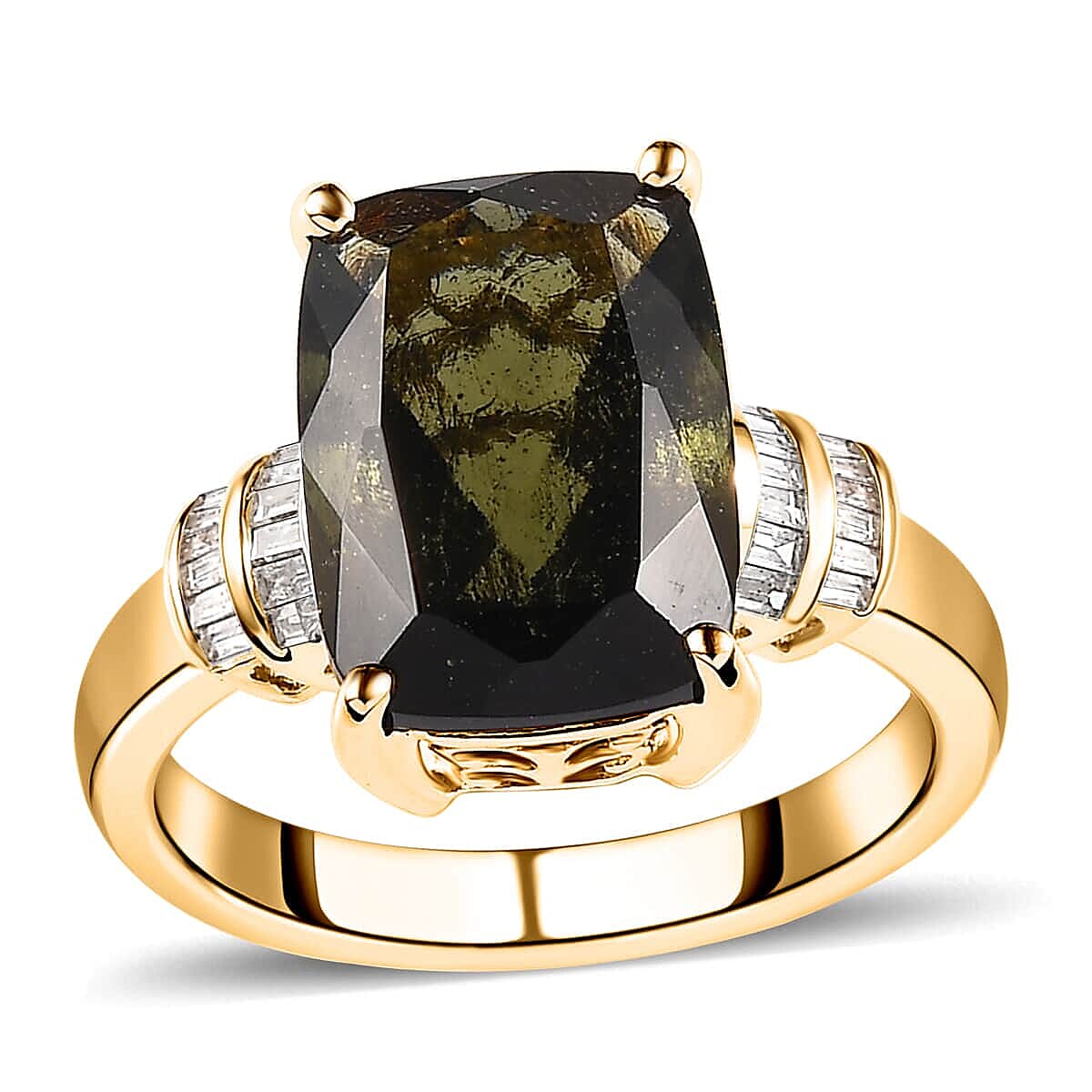 Luxoro 10K Yellow Gold Premium Bohemian Moldavite, Diamond (0.15 cts) Ring (Size 6.0) (4.10 g) 6.00 ctw