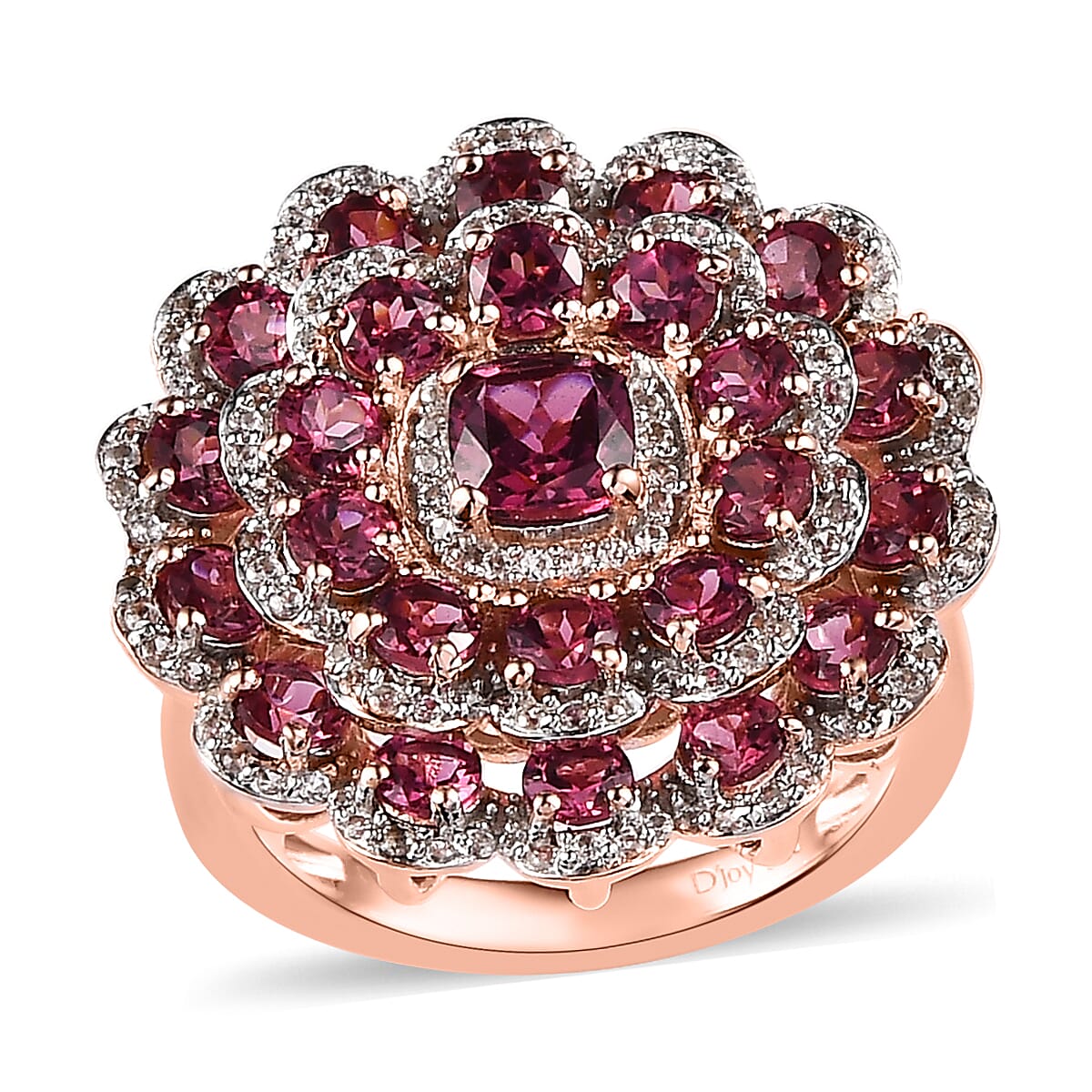 Tanzanian Rhodolite Garnet and White Zircon Floral Ring in Vermeil Rose Gold Over Sterling Silver 4.70 ctw