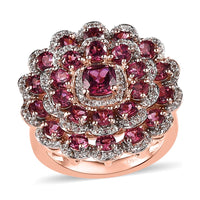 Tanzanian Rhodolite Garnet and White Zircon Floral Ring in Vermeil Rose Gold Over Sterling Silver 4.70 ctw