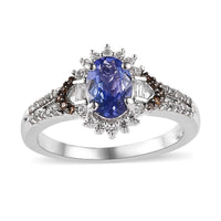 Tanzanite, White and Coffee Zircon Ring in Platinum Over Sterling Silver (Size 10.0) 1.30 ctw