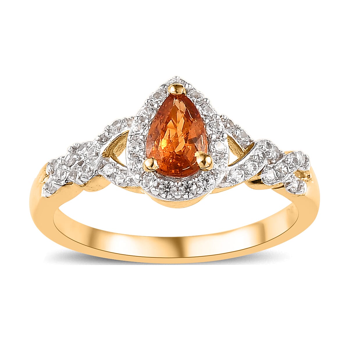 Premium Nigerian Spessartite Garnet and White Zircon Halo Ring in Vermeil Yellow Gold Over Sterling Silver 1.00 ctw