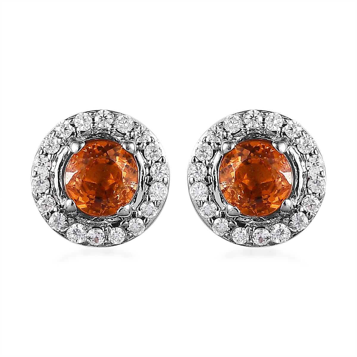 Premium Nigerian Spessartite Garnet and Moissanite Sunburst Stud Earrings in Platinum Over Sterling Silver 1.25 ctw