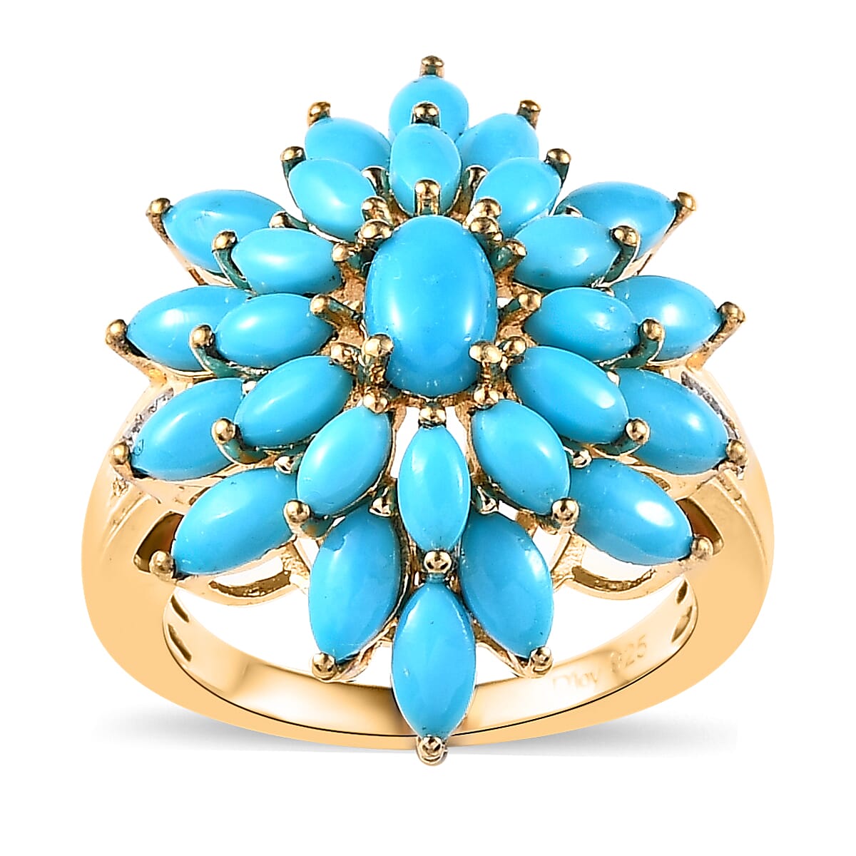 Sleeping Beauty Turquoise and White Zircon Floral Ring in Vermeil Yellow Gold Over Sterling Silver (Size 6.0) 4.50 ctw