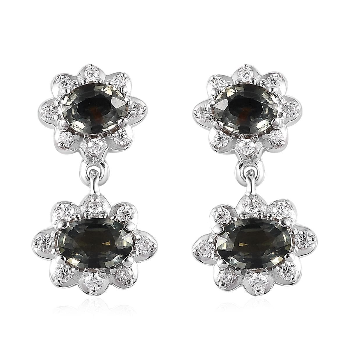 Natural Parti Sapphire and Moissanite Floral Stud Earrings in Platinum Over Sterling Silver 2.50 ctw