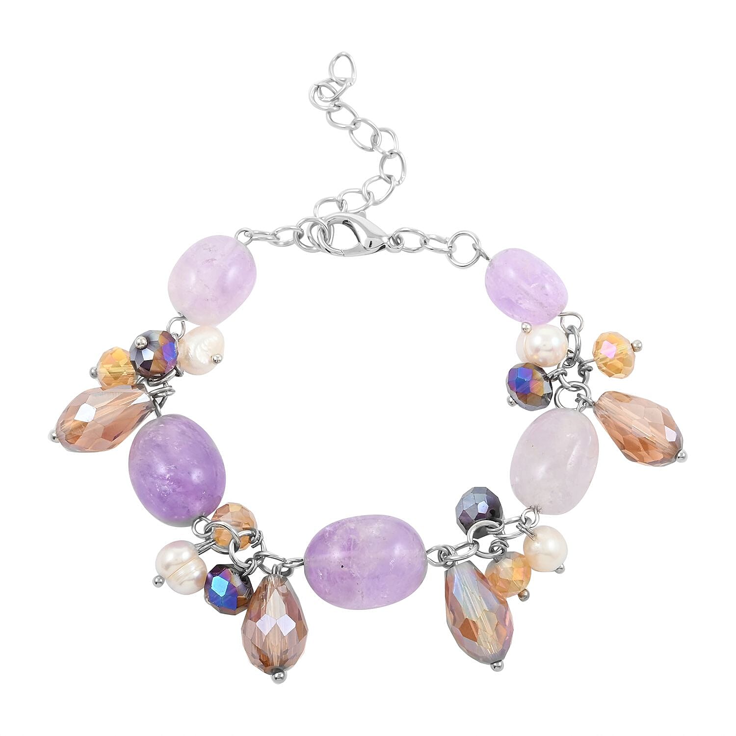 White Freshwater Pearl, Amethyst and Multi Glass Bracelet in Silvertone (7.50-8.50) 0.50 ctw
