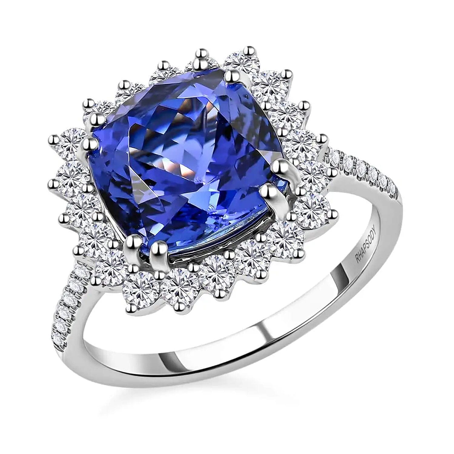 Certified & Appraised Rhapsody 950 Platinum AAAA Tanzanite and E-F VS Diamond Sunburst Ring 6 Grams 4.50 ctw