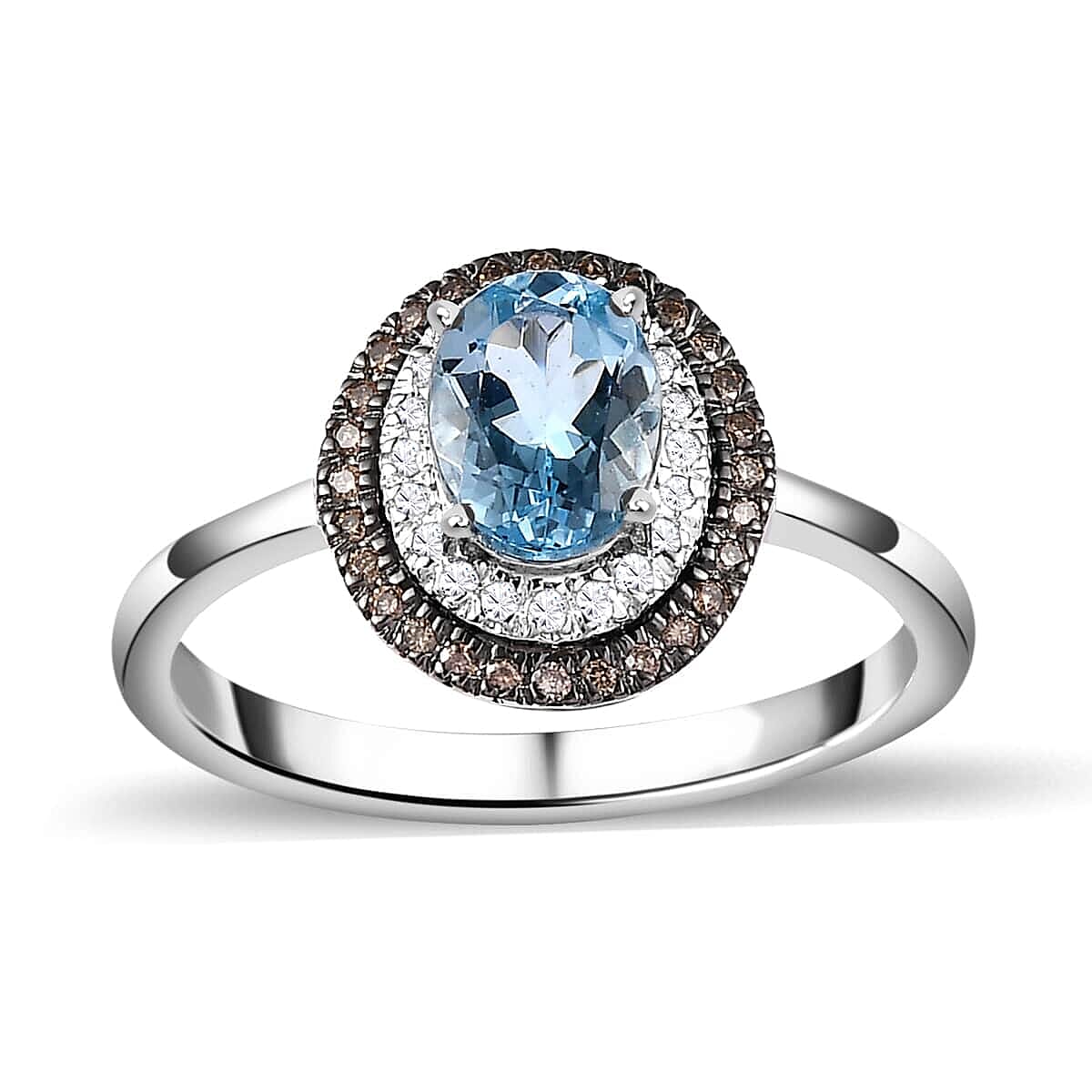 Luxoro 14K White Gold Premium Santa Maria Aquamarine, Natural Champagne and White Diamond I3 Double Halo Ring 4.20 Grams 1.60 ctw