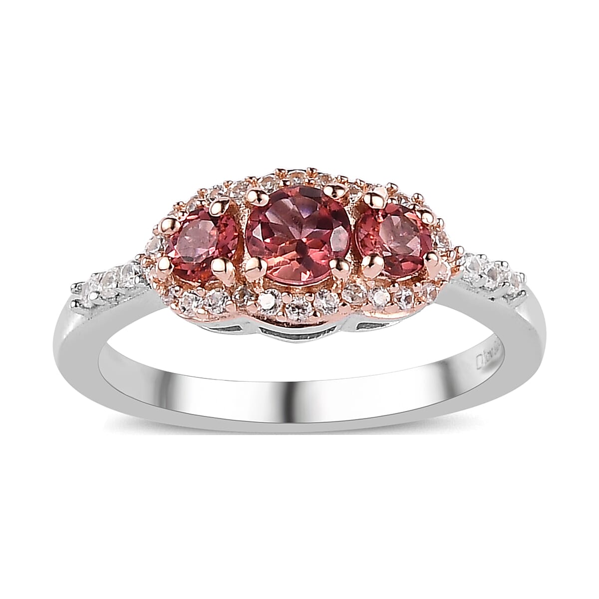 Premium Blush Tourmaline and White Zircon Trilogy Ring in Vermeil RG and Platinum Over Sterling Silver 0.80 ctw