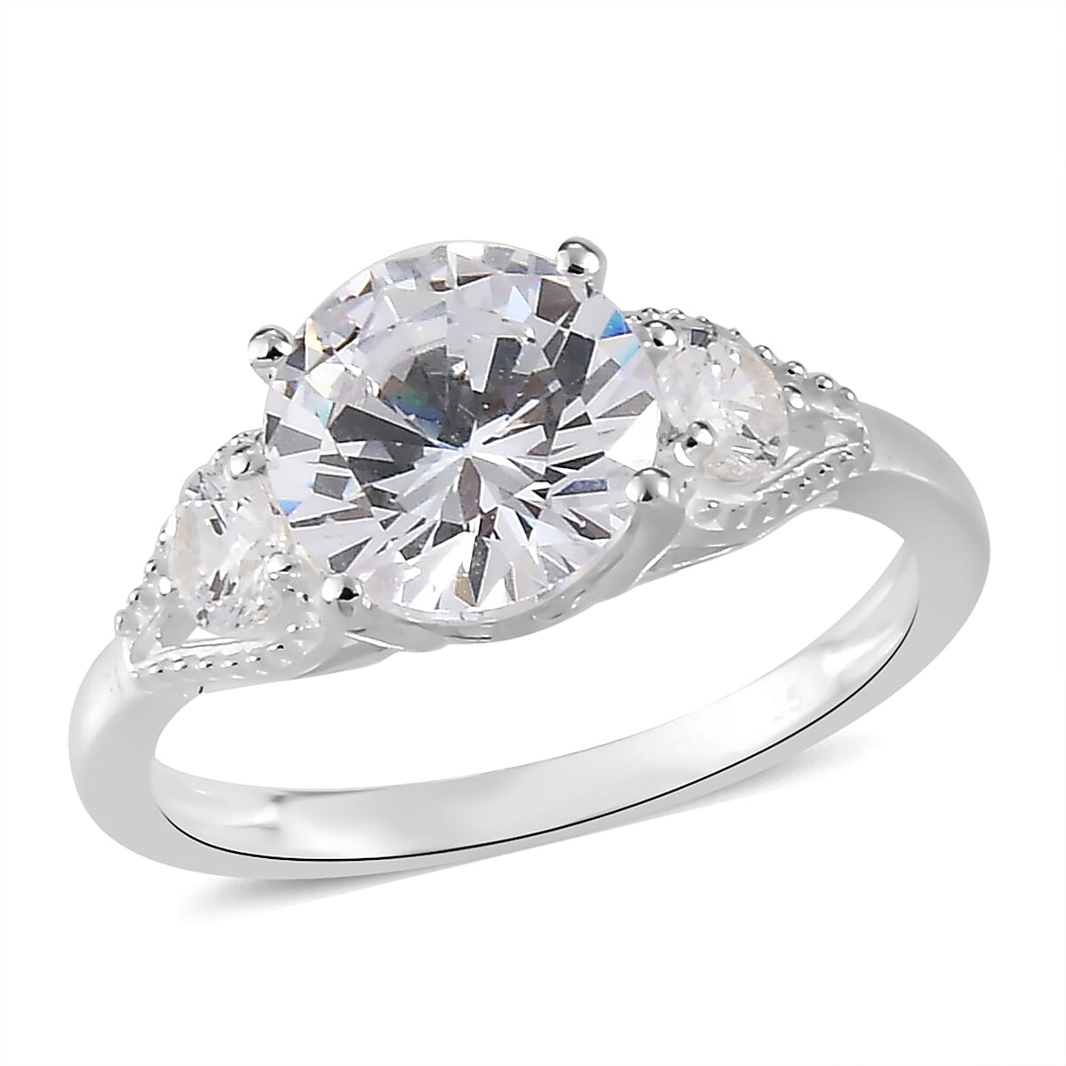 Simulated Diamond 3 Stone Ring in Sterling Silver (Size 10.0) 1.90 ctw