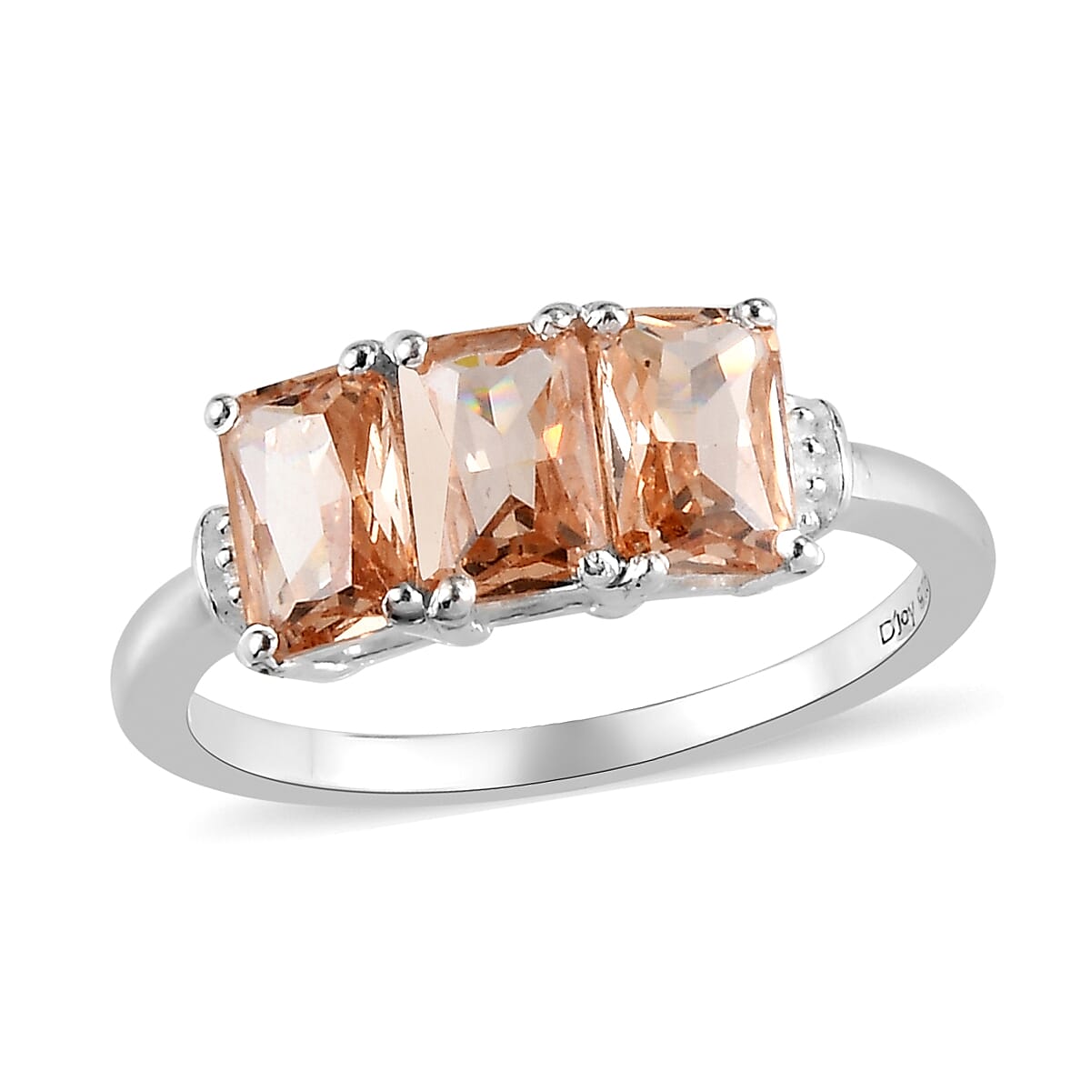 Simulated Champagne Color Diamond 3 Stone Ring in Sterling Silver (Size 10.0) 3.00 ctw