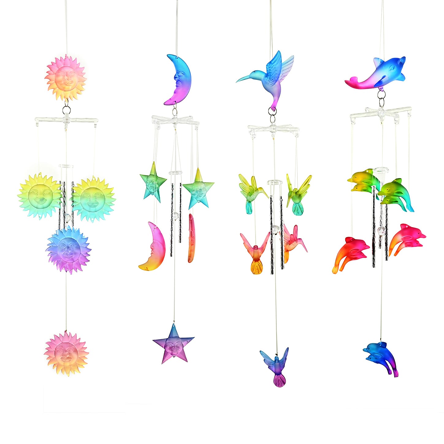Set of 4 Colorful Wind Chimes -Dolphin, Hummingbird, Moon & Star, Sun