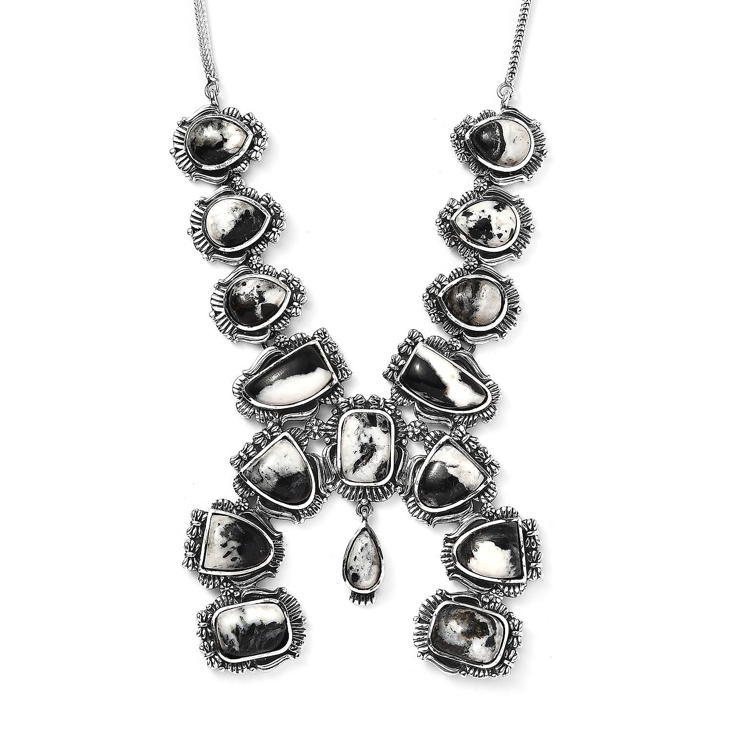 Artisan Crafted White Buffalo Squash Blossom Necklace 18 Inches in Black Oxidized Sterling Silver 38.25  ctw