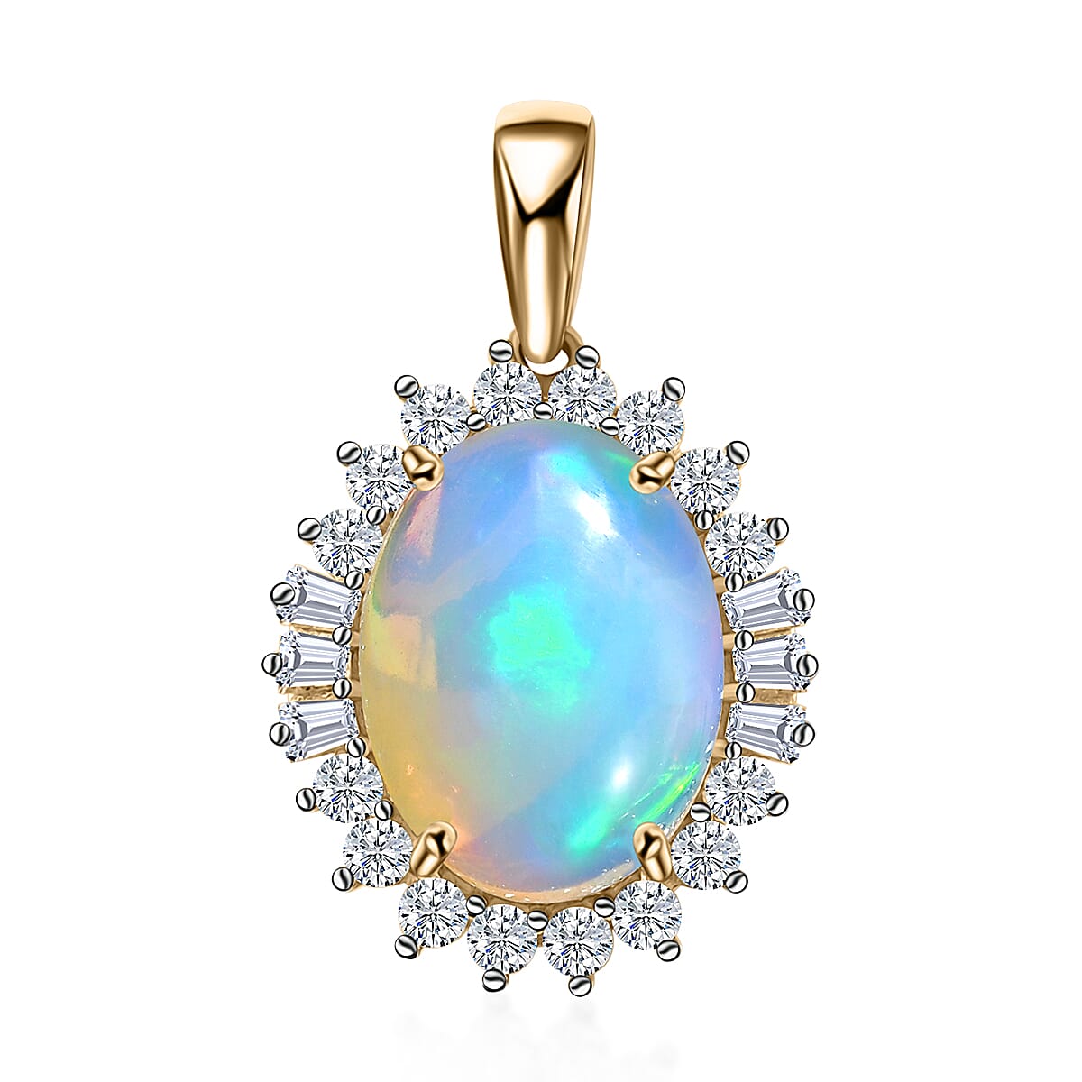 Luxoro 10K Yellow Gold Premium Ethiopian Welo Opal and Moissanite Sunburst Pendant 5.00 ctw