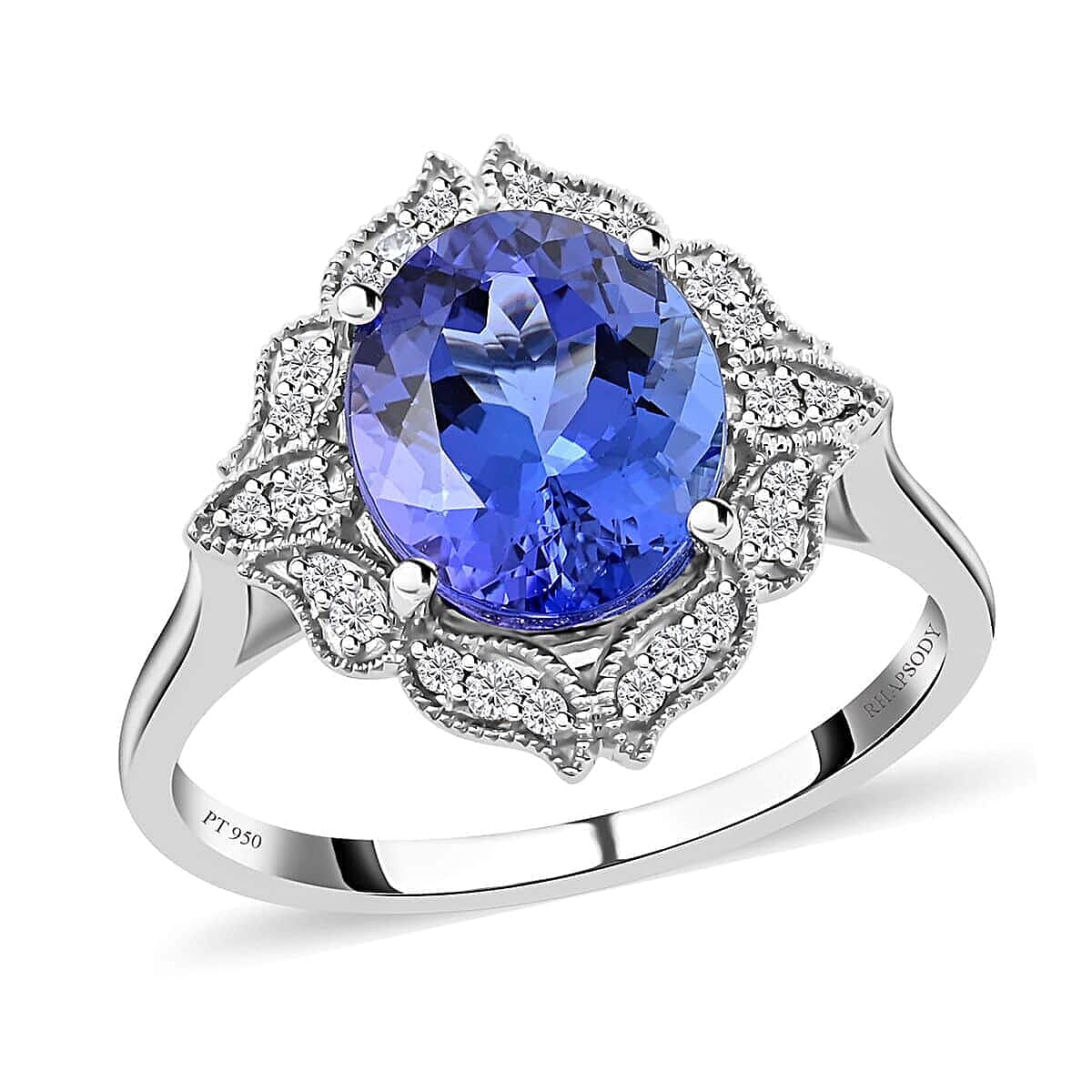 Certified and Appraised Rhapsody 950 Platinum AAAA Tanzanite and E-F VS Diamond Ring 6.75 Grams 4.05 ctw