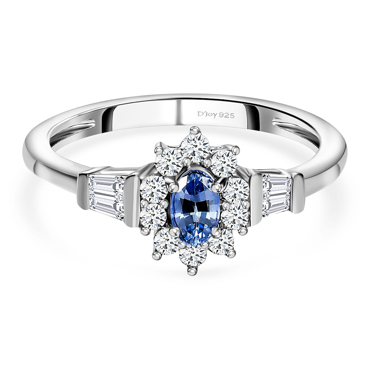 Ceylon Blue Sapphire and White Zircon Sunburst Ring in Platinum Over Sterling Silver 1.00 ctw (Del. in 7-10 Days)