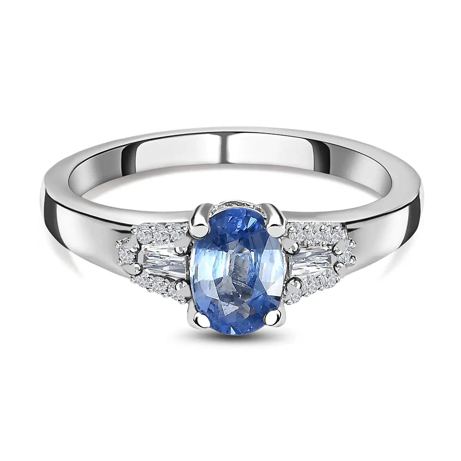 Ceylon Blue Sapphire, White Zircon Ring in Platinum Over Sterling Silver (Size 10.0) 1.35 ctw