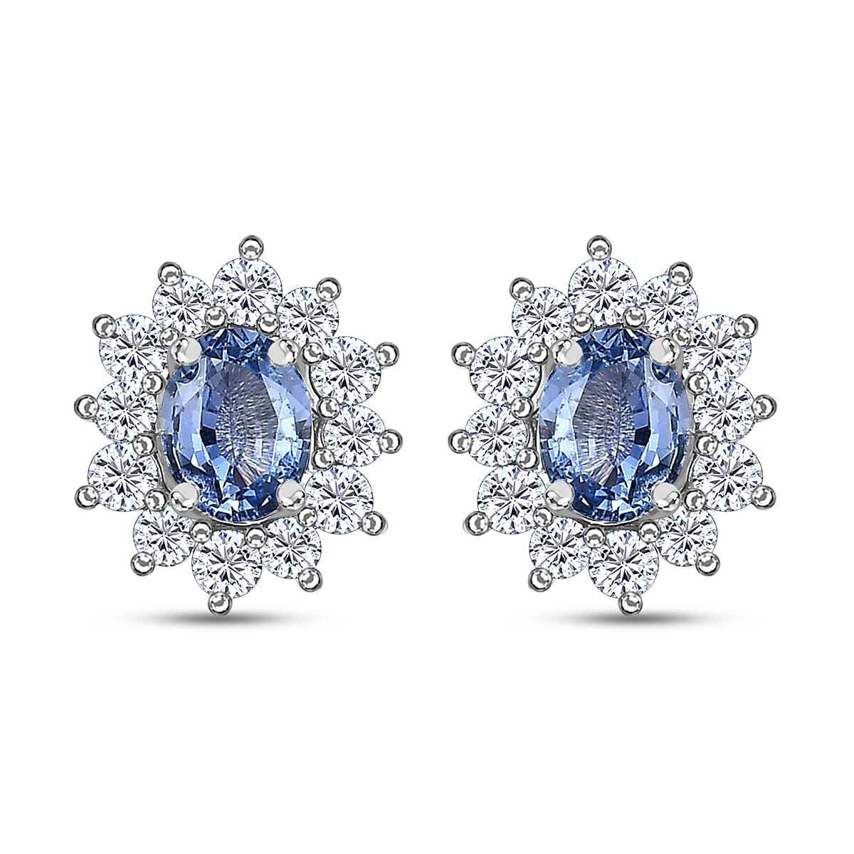 Ceylon Blue Sapphire and White Zircon Sunburst Stud Earrings in Platinum Over Sterling Silver 1.35 ctw