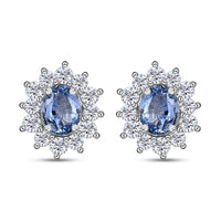 Ceylon Blue Sapphire and White Zircon Sunburst Stud Earrings in Platinum Over Sterling Silver 1.35 ctw