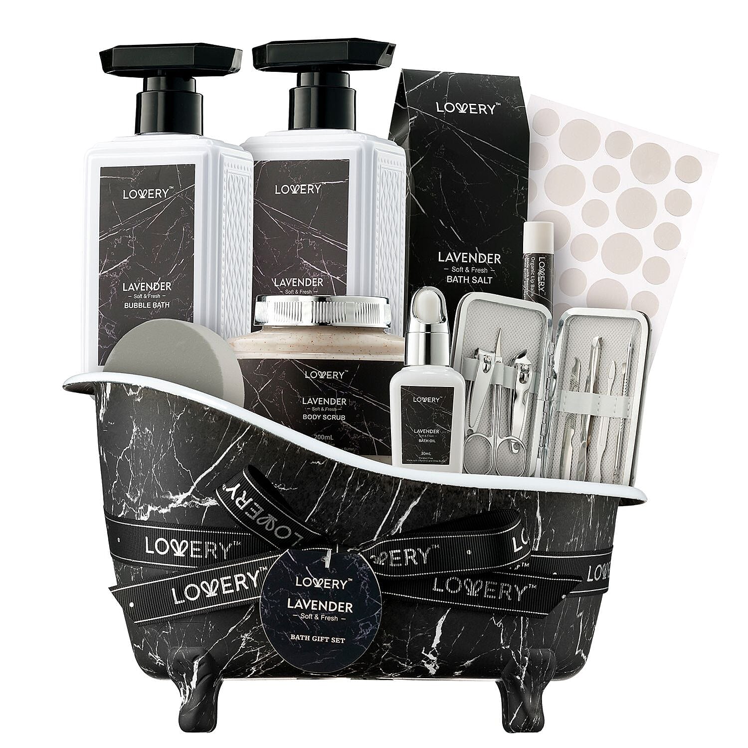 LOVERY Black Marble Tub 18pc Lavender Bath & Body Basket