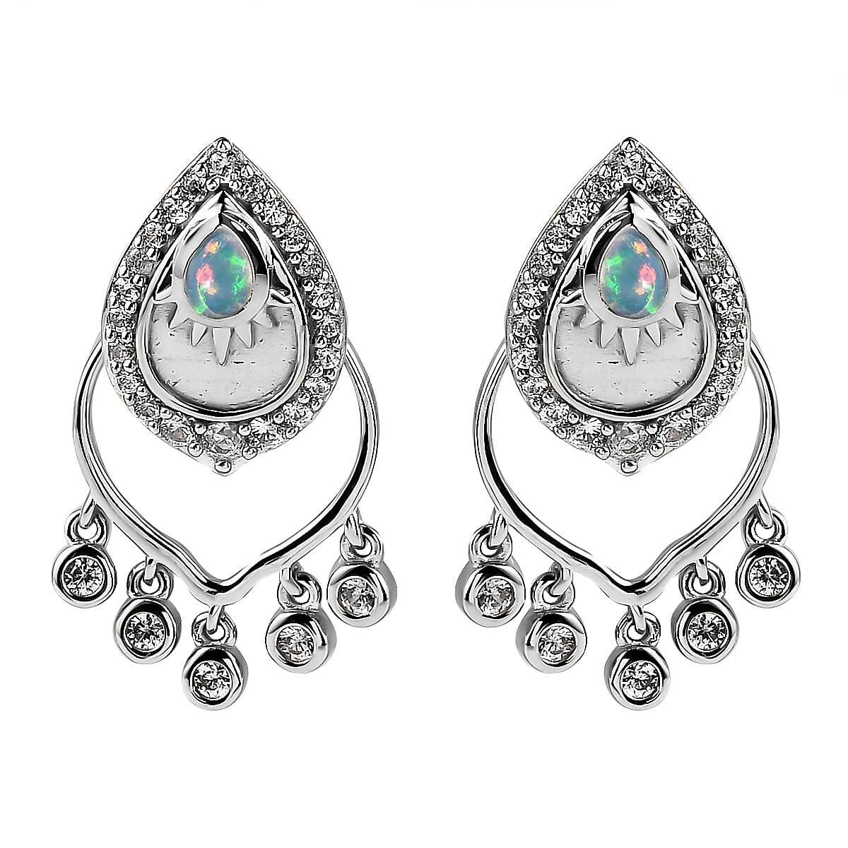 Ethiopian Welo Opal and White Zircon Chandelier Statement Charms Earrings in Platinum Over Sterling Silver 1.10 ctw