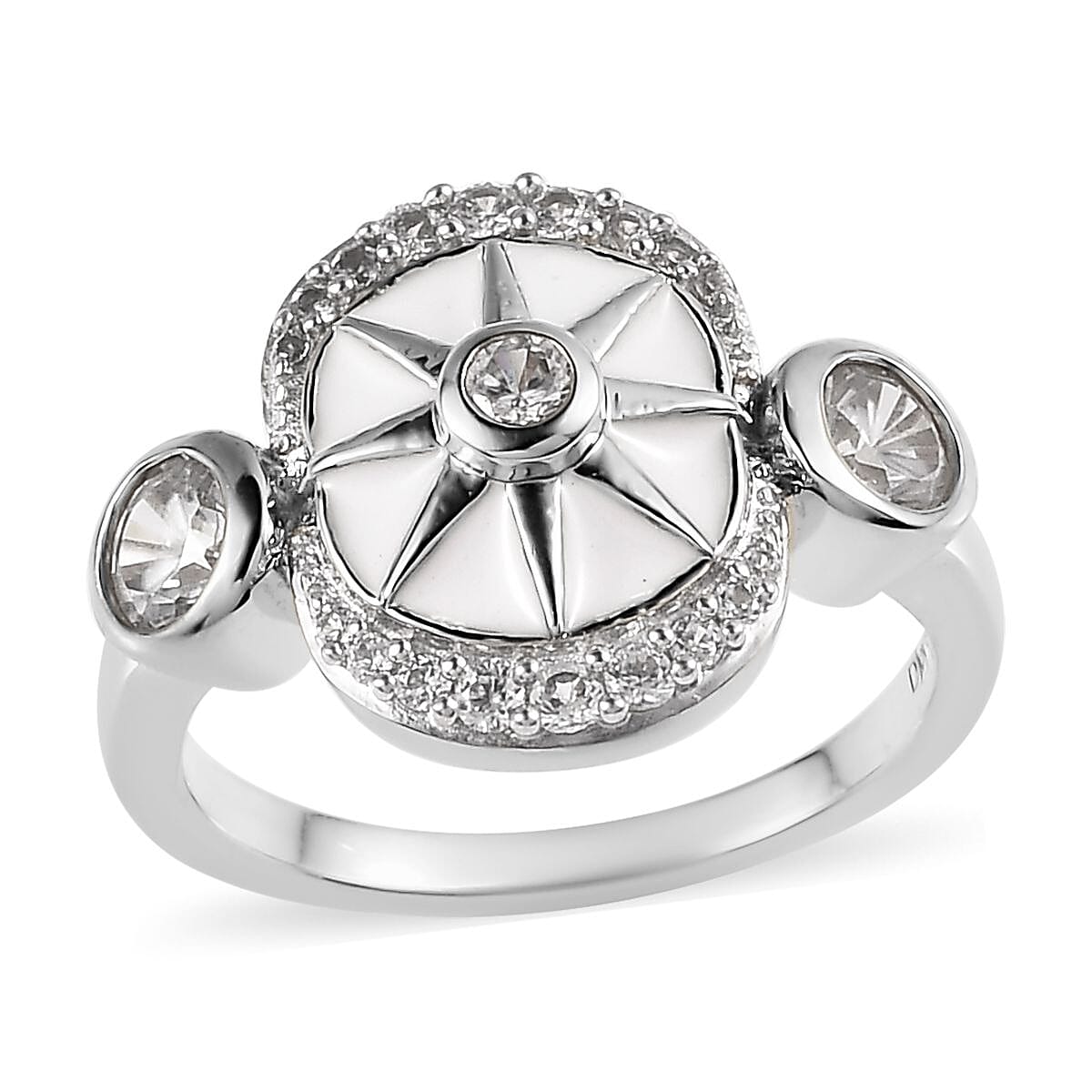 White Zircon Celestial Star White Enamel Medallion Ring in Platinum Over Sterling Silver (Size 6.0) 1.00 ctw