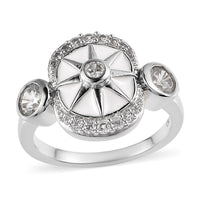 White Zircon Celestial Star White Enamel Medallion Ring in Platinum Over Sterling Silver (Size 6.0) 1.00 ctw