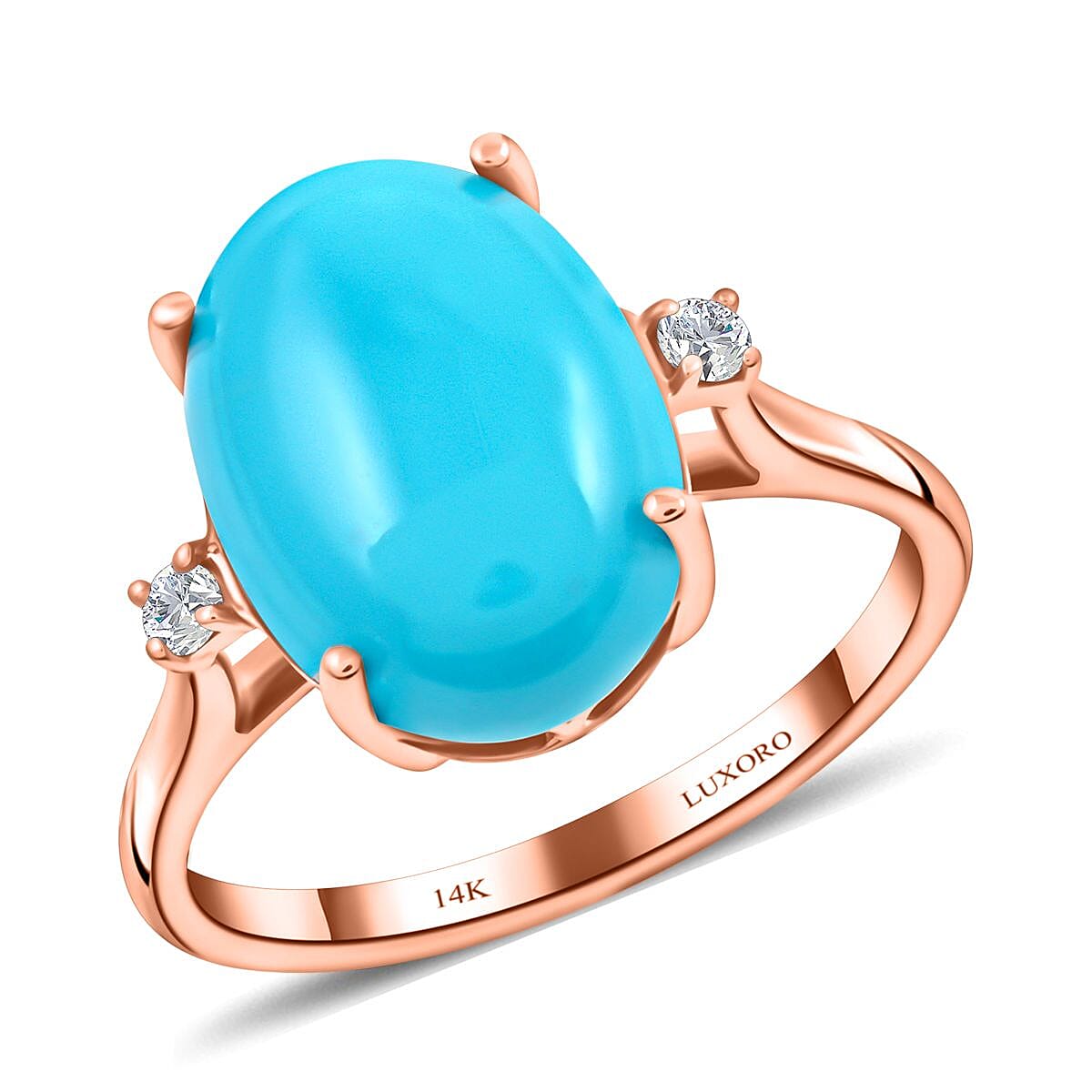 Certified & Appraised Luxoro 10K Rose Gold AAA Sleeping Beauty Turquoise and I2 Diamond Ring 5.50 ctw (Del. in 7-10 Days)