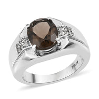 Brazilian Smoky Quartz and White Zircon Men's Ring in Stainless Steel 3.65 ctw