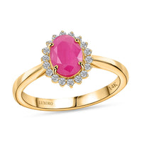 Certified & Appraised Luxoro 14K Yellow Gold AAA Montepuez Ruby and G-H I2 Diamond Halo Ring 1.50 ctw (Del. in 7-10 Days)