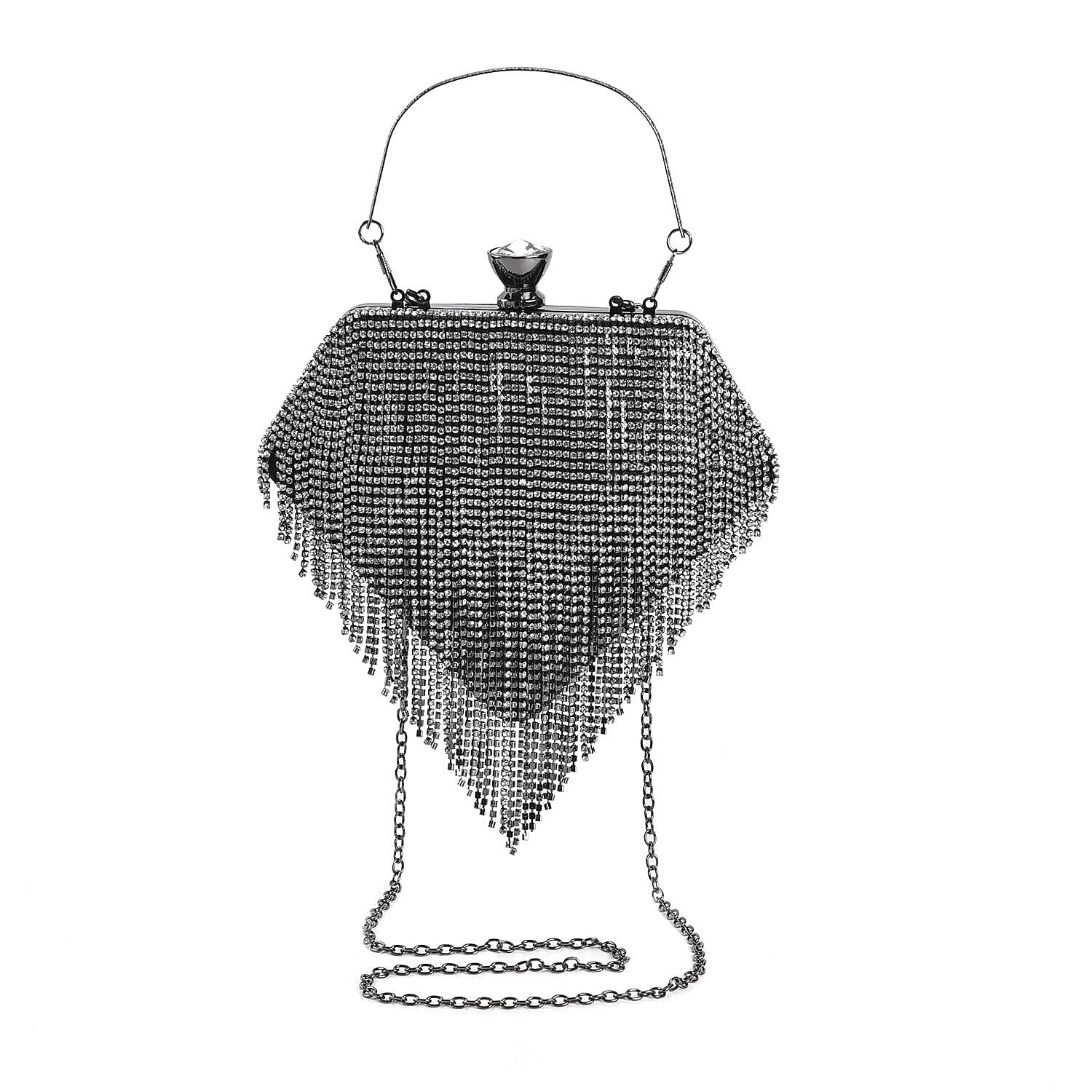 Black Sparkling Crystal Dimond Shape Tassel Clutch Bag (8.7"x7") with Handle Drop and Chain Strap