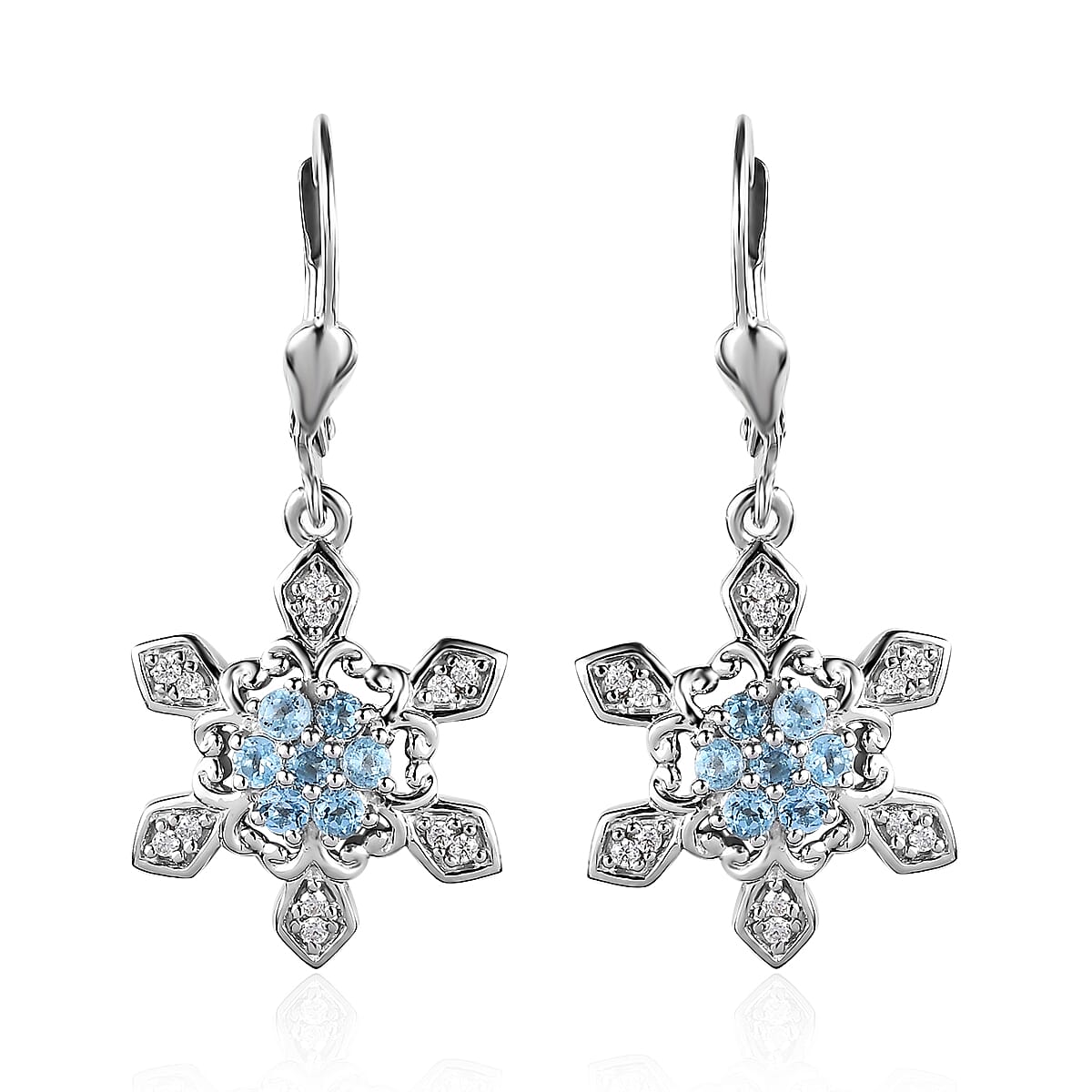 Premium Sky Blue Topaz, Moissanite Lever Back Earrings in Platinum Over Sterling Silver 0.75 ctw