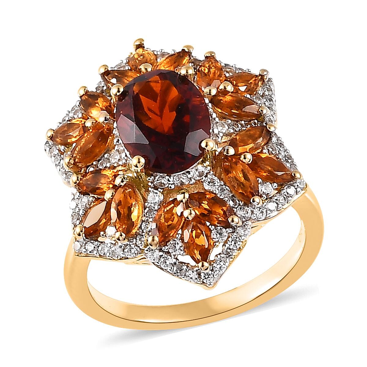 Premium Brazilian Cherry Citrine and Multi Gemstone Floral Ring in Vermeil Yellow Gold Over Sterling Silver 3.90 ctw