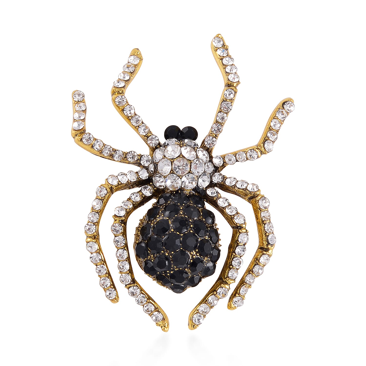 Black and White Austrian Crystal Halloween Spider Brooch in Goldtone