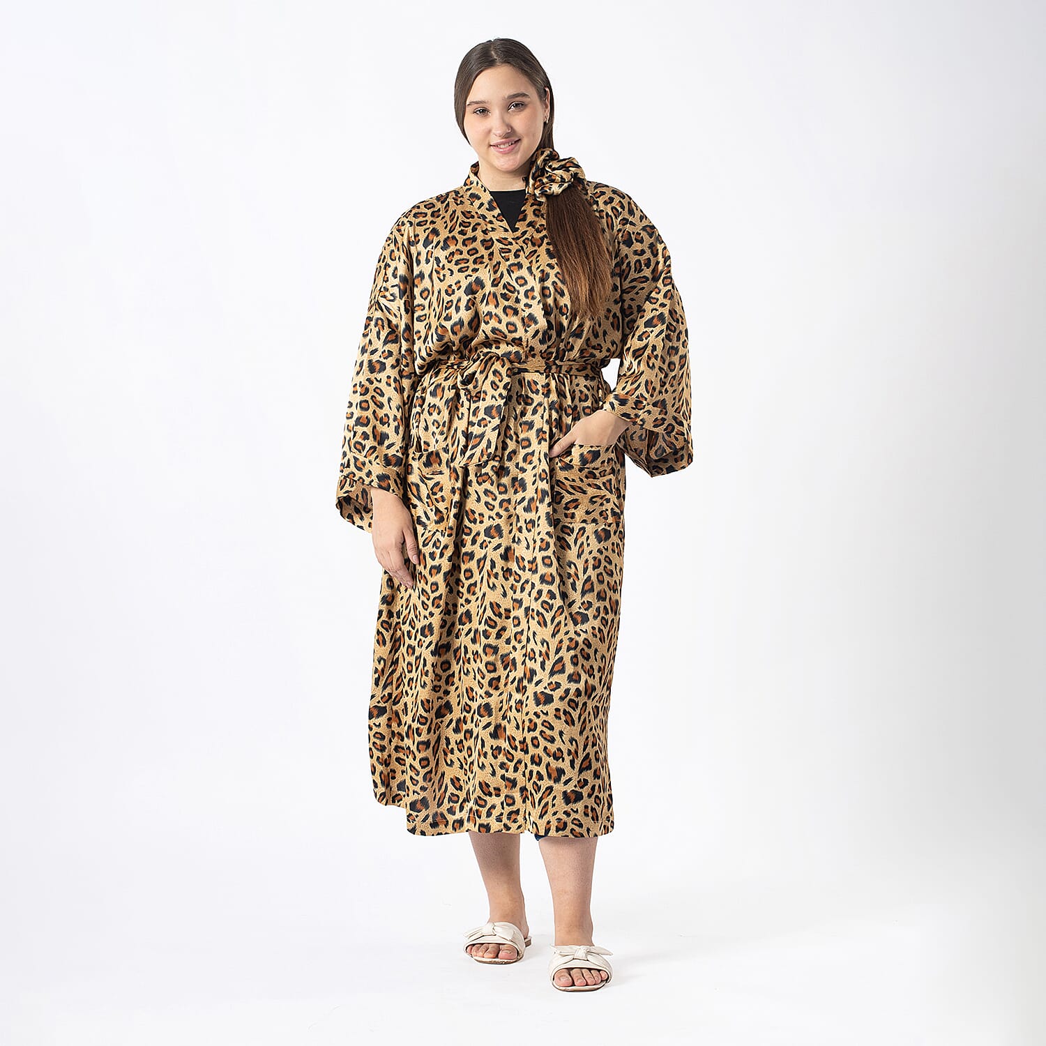 Tamsy Tan Cheetah Robe with Scrunchie - One Size Fits Most
