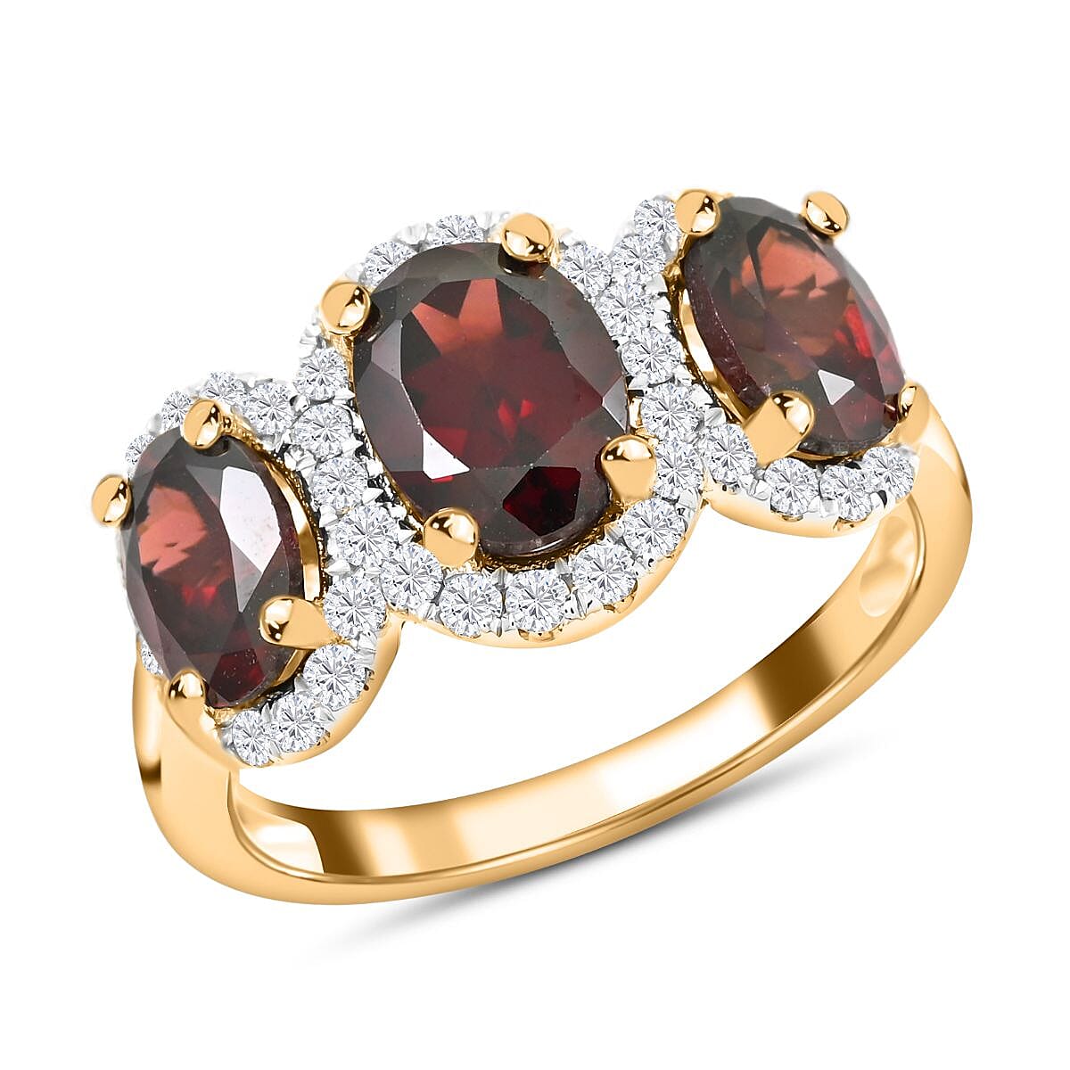 14K White Gold Red Zircon and Diamond Trilogy Halo Ring 4.30 Grams 4.85 ctw (Del. in 10-12 Days)