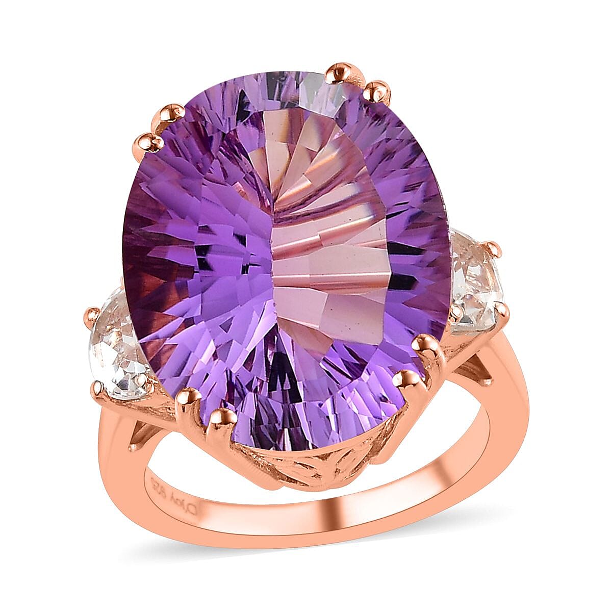Doorbuster Concave Cut Rose De France Amethyst, White Topaz Ring in Vermeil RG Over Sterling Silver (Size 10.0) 19.35 ctw