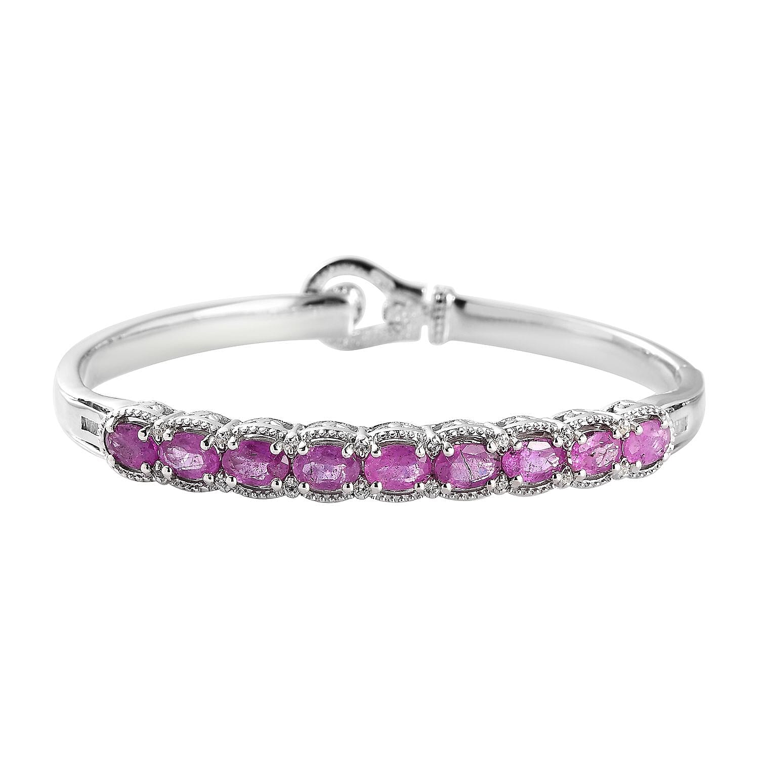 Doorbuster Ilakaka Hot Pink Sapphire (FF) and White Zircon Bangle Bracelet in Platinum Over Sterling Silver (6.50 In) 6.50 ctw