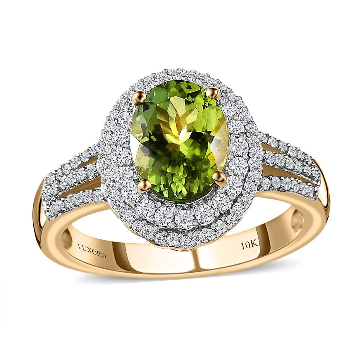 Doorbuster Luxoro 10K Yellow Gold Premium Natural Calabar Green Tourmaline and Moissanite Ring (Size 10.0) 4.20 Grams 2.65 ctw (Del. in 5-7 Days)