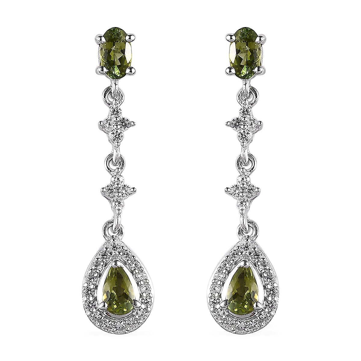 Premium Natural Calabar Green Tourmaline and White Zircon Dangling Earrings in Platinum Over Sterling Silver 1.40 ctw