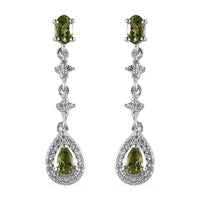 Premium Natural Calabar Green Tourmaline and White Zircon Dangling Earrings in Platinum Over Sterling Silver 1.40 ctw