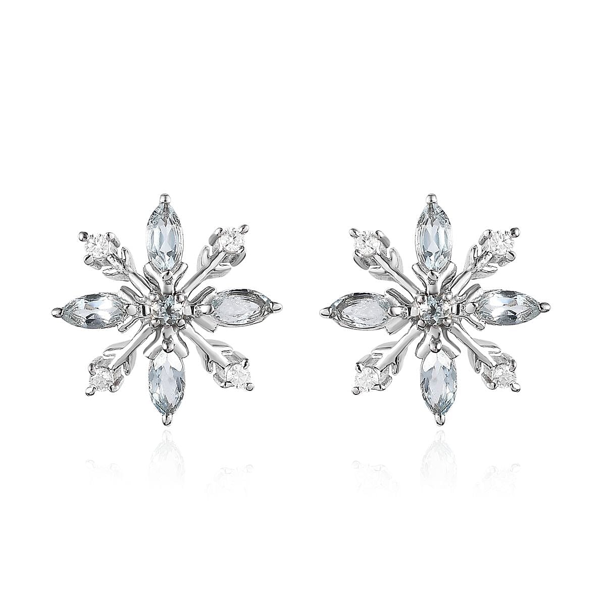 Premium Sky Blue Topaz and Moissanite Snowflake Earrings in Platinum Over Sterling Silver 1.50 ctw