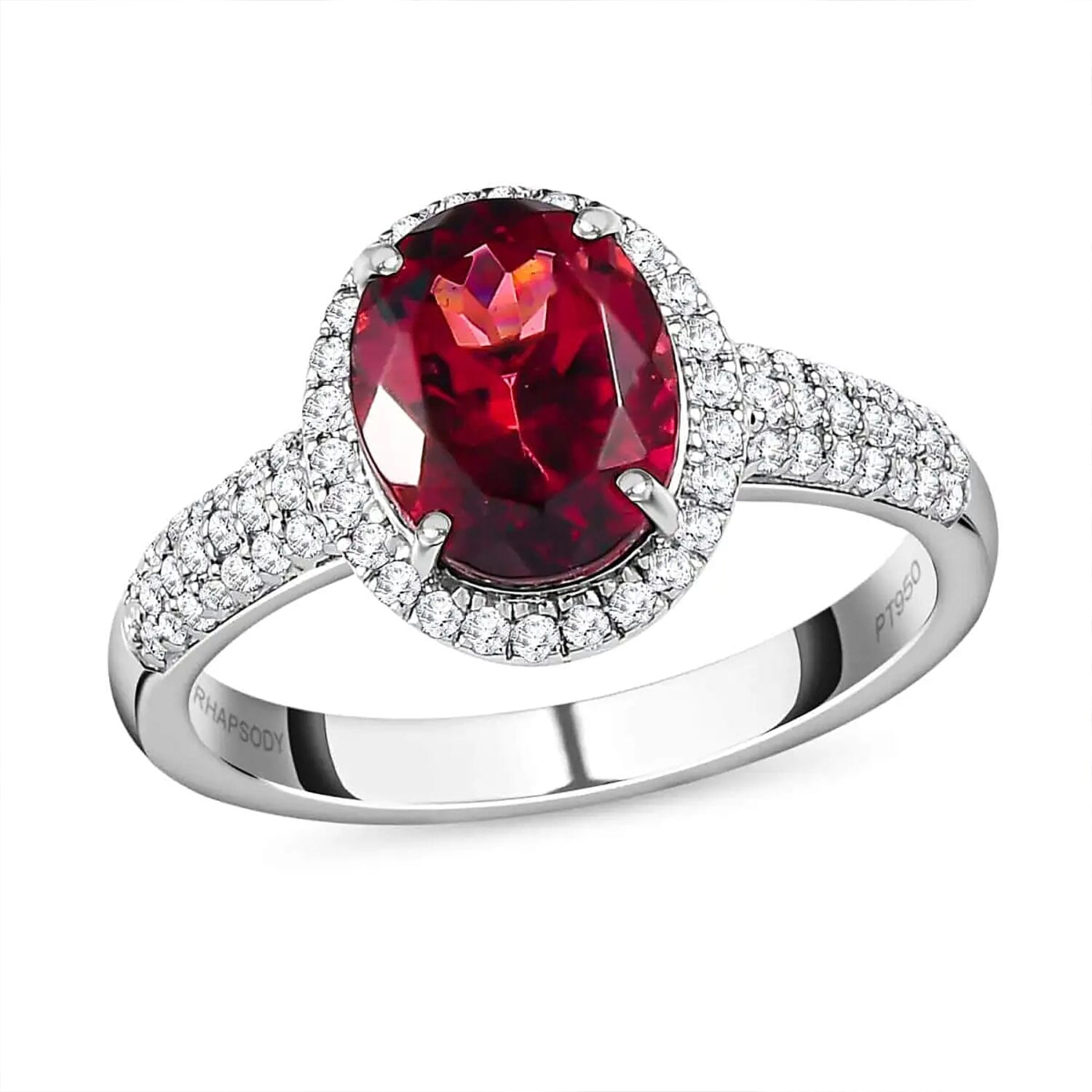 Rhapsody 950 Platinum AAAA Ouro Fino Rubellite, Diamond (E-F, VS2) (0.35 cts) Halo Ring (Size 10.0) (6.50 g) 2.35 ctw