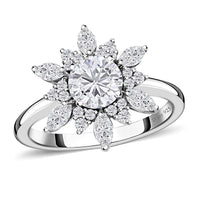 Moissanite Floral Ring in Platinum Over Sterling Silver (Size 6.0) 1.50 ctw